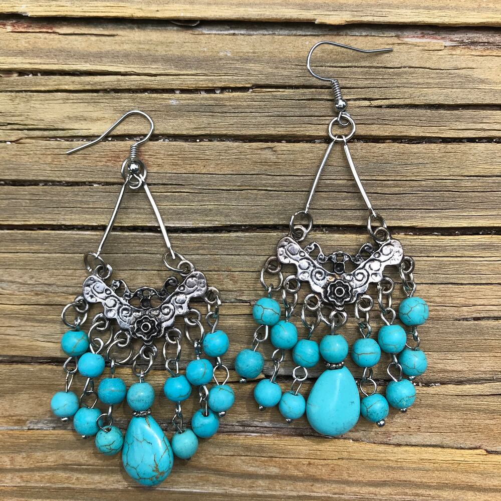 Faux turquoise and silver-tone chandelier earrings